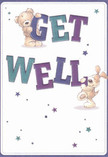 Brimming with warmth and optimism, this get well card is brought to life by the joyful companionship of a teddy bear and a floppy-eared pup, their poses radiating playful support and heartfelt care. The card's message, 'Get Well,' is stretched boldly across the design in hues of indigo and teal, standing out like the cheerful displays at Southend's flower stalls on a market day. Starbursts in vivid blues and purples twinkle above and around the friends, their presence infusing the scene with magical encouragement. The pure white background amplifies every colourful detail, lending the illustration a fresh clarity reminiscent of a sea breeze along the coast. Richly textured brushwork conveys the touchable softness of fur and furrowed ears, providing a gentle comfort akin to receiving a well-crafted bouquet from a Southend florist. Ideal for carrying a wave of support to someone in recovery, whether nestled in Leigh or enjoying a vista toward Thorpe Bay, this card and its lively artwork bring heartfelt wishes and the warmth of local care.